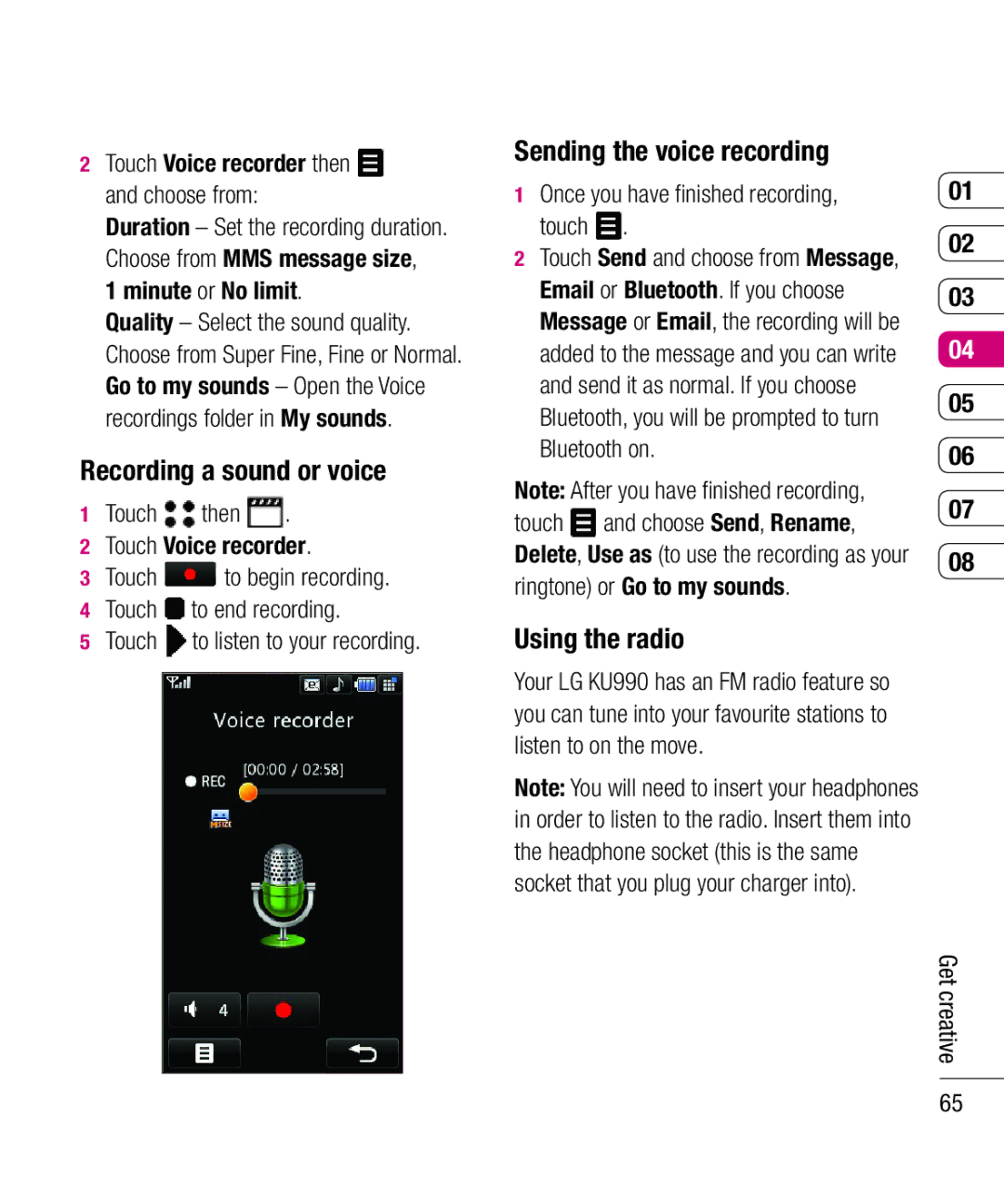 LG Electronics KU990 manual Recording a sound or voice, Sending the voice recording, Using the radio 