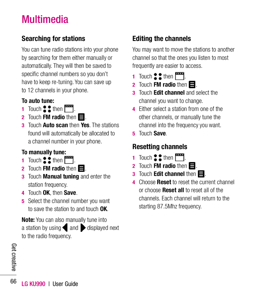 LG Electronics KU990 manual Searching for stations, Editing the channels, Resetting channels 