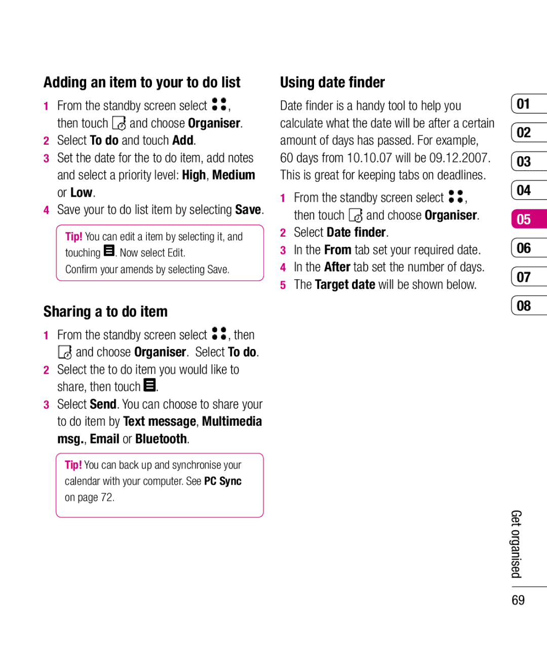 LG Electronics KU990 manual Adding an item to your to do list, Sharing a to do item, Using date ﬁnder, Select Date ﬁnder 