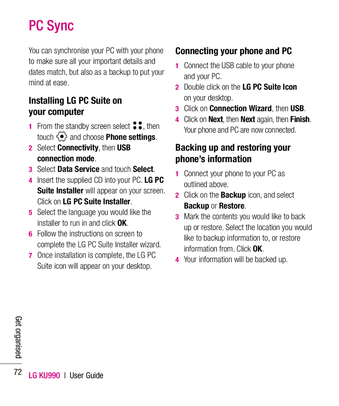 LG Electronics KU990 manual PC Sync, Installing LG PC Suite on your computer, Connecting your phone and PC 