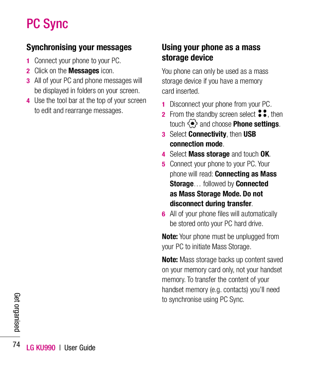 LG Electronics KU990 manual Synchronising your messages, Using your phone as a mass storage device 