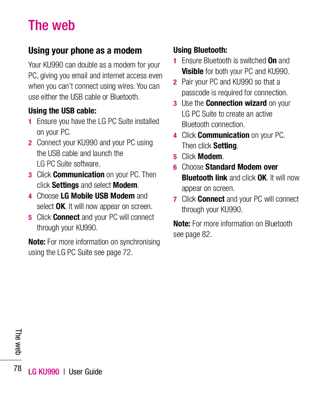 LG Electronics KU990 manual Using your phone as a modem, LG PC Suite software, Using Bluetooth 