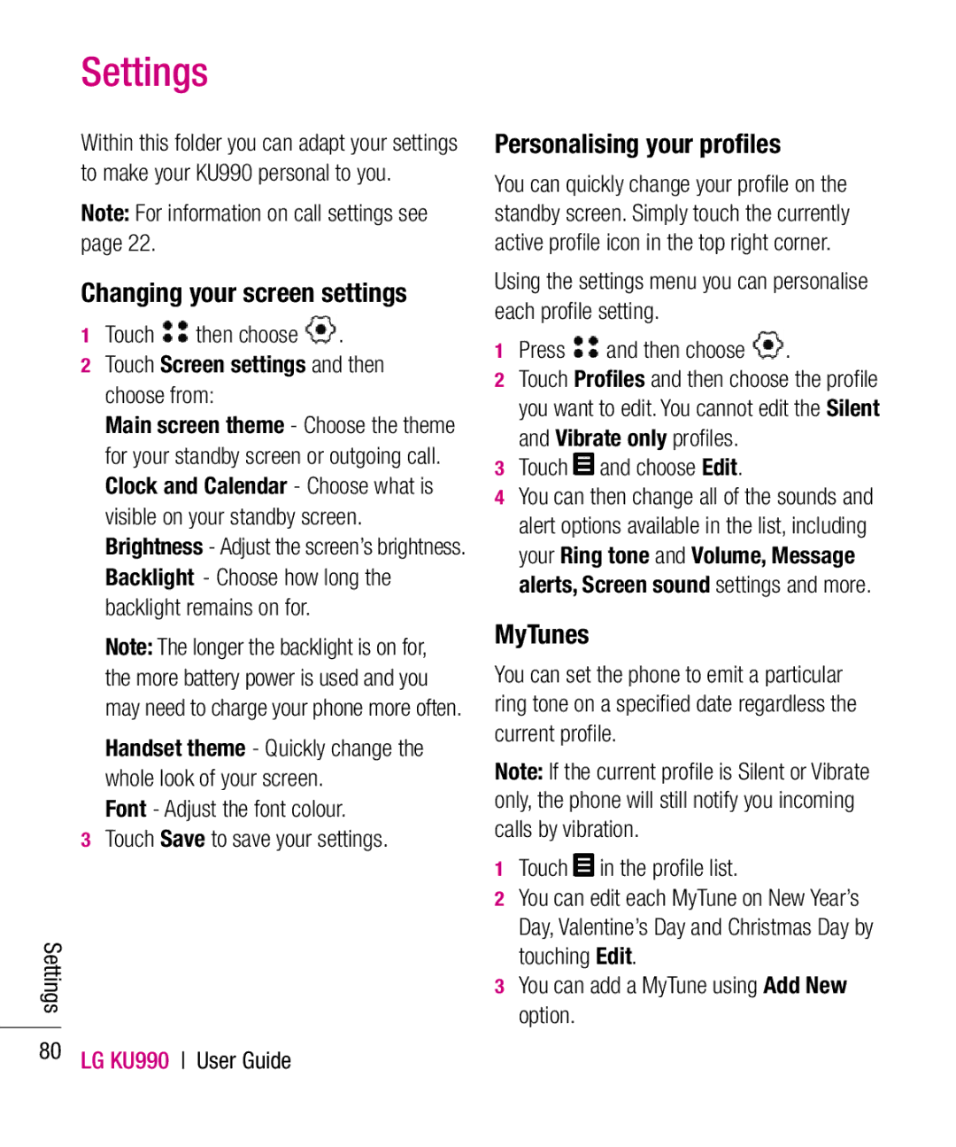 LG Electronics KU990 manual Settings, Changing your screen settings, Personalising your proﬁles, MyTunes 