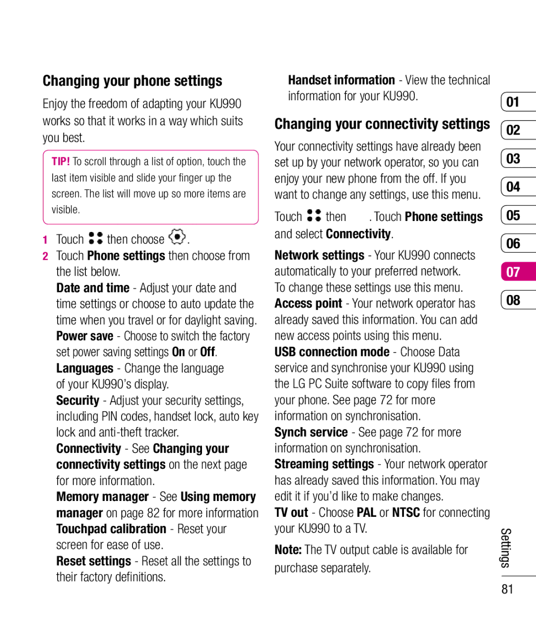 LG Electronics manual Changing your phone settings, Your KU990’s display, Changing your connectivity settings 