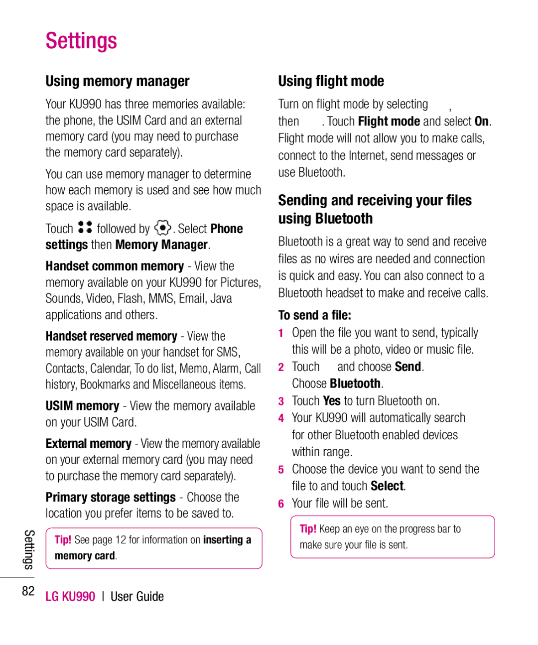 LG Electronics KU990 manual Using memory manager, Using ﬂight mode, Sending and receiving your ﬁles using Bluetooth 