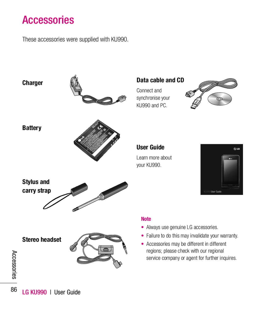 LG Electronics manual Accessories, These accessories were supplied with KU990 Charger 