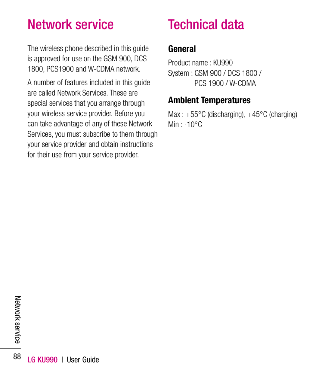 LG Electronics KU990 manual Network service, General, Ambient Temperatures, Min -10C 