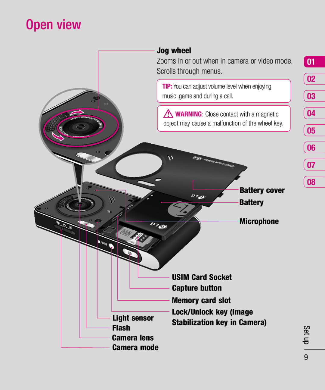 LG Electronics KU990 manual Open view, Flash, Camera lens Camera mode Set up 