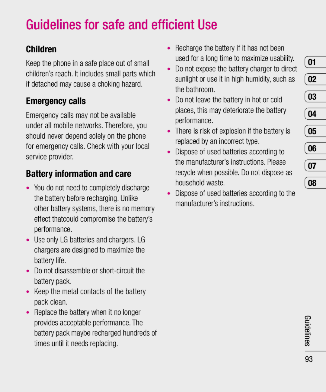 LG Electronics KU990 manual Children, Emergency calls, Battery information and care 