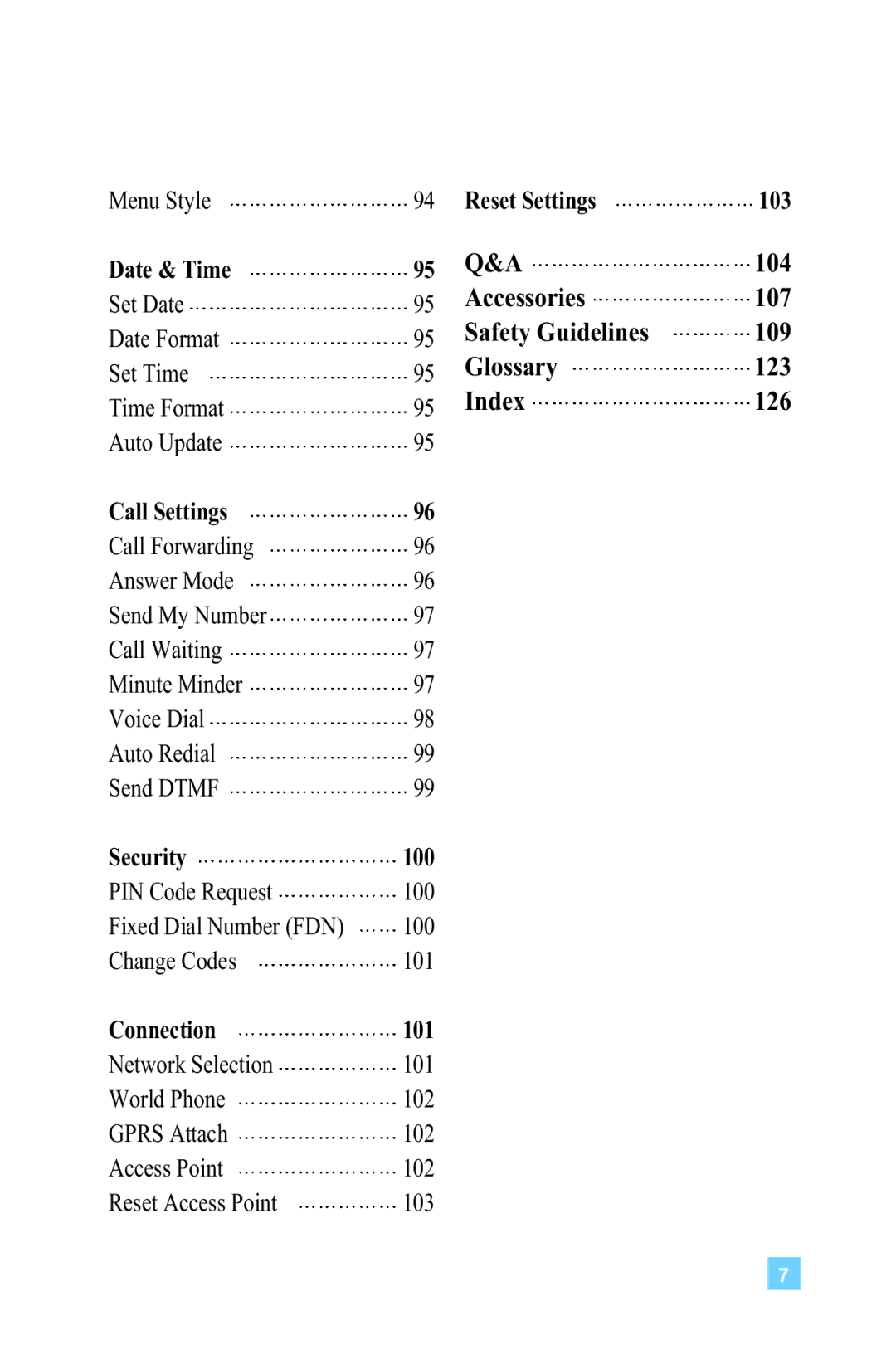 LG Electronics L1150 manual 104, Accessories 107, Safety Guidelines 109, Glossary 123, Index 126 