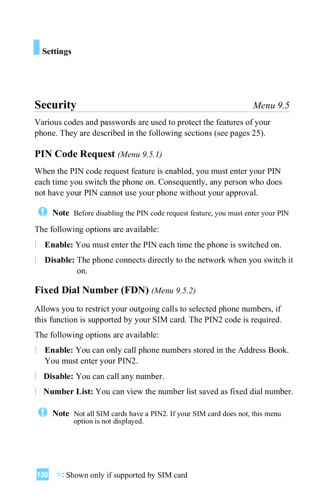 LG Electronics L1150 manual Security, PIN Code Request Menu, Fixed Dial Number FDN Menu 