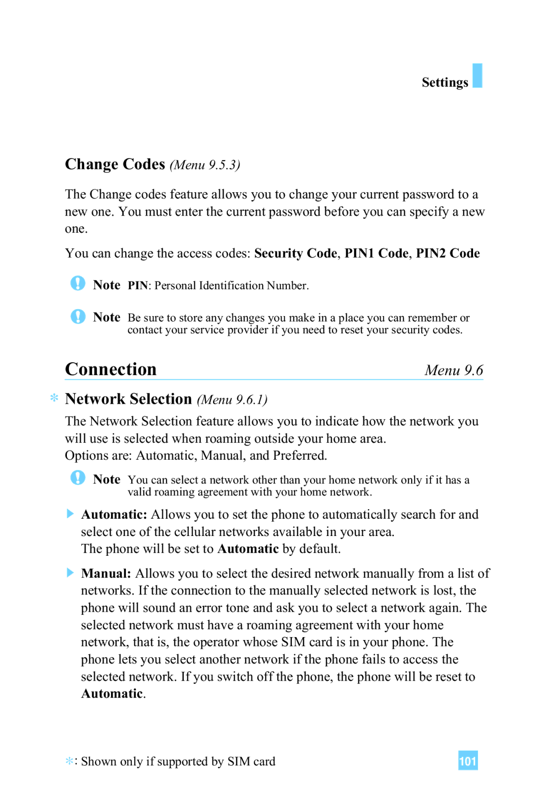 LG Electronics L1150 manual Connection, Change Codes Menu, Network Selection Menu 