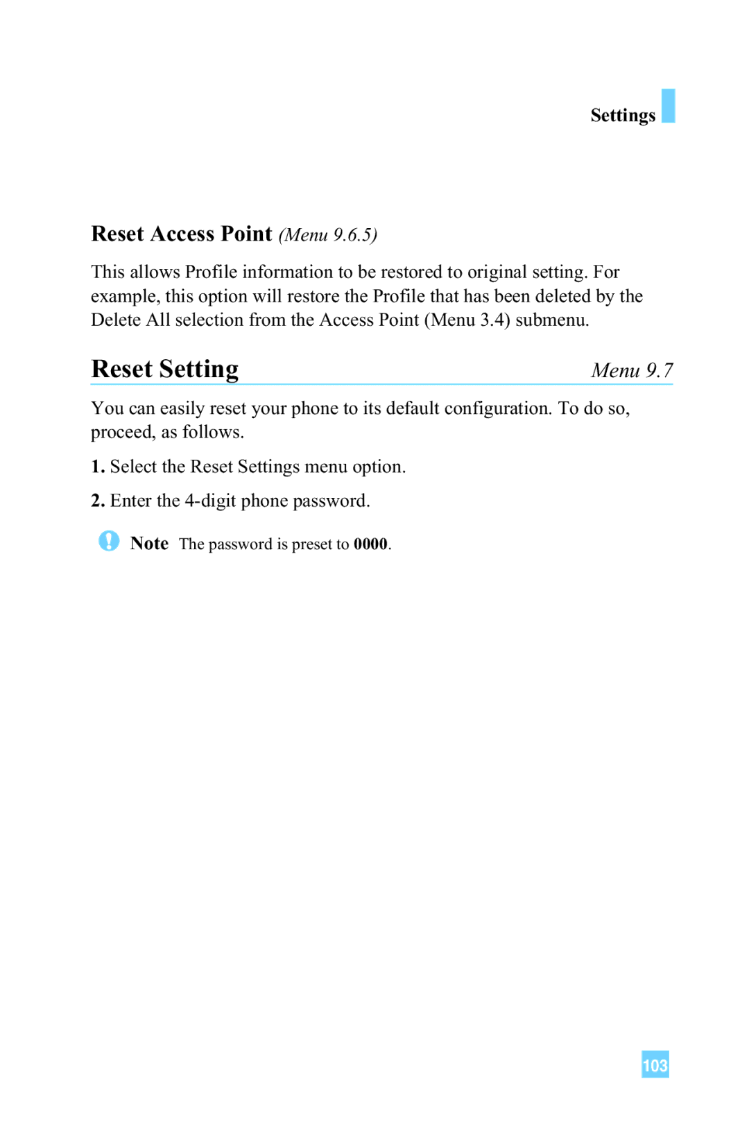 LG Electronics L1150 manual Reset Setting, Reset Access Point Menu 