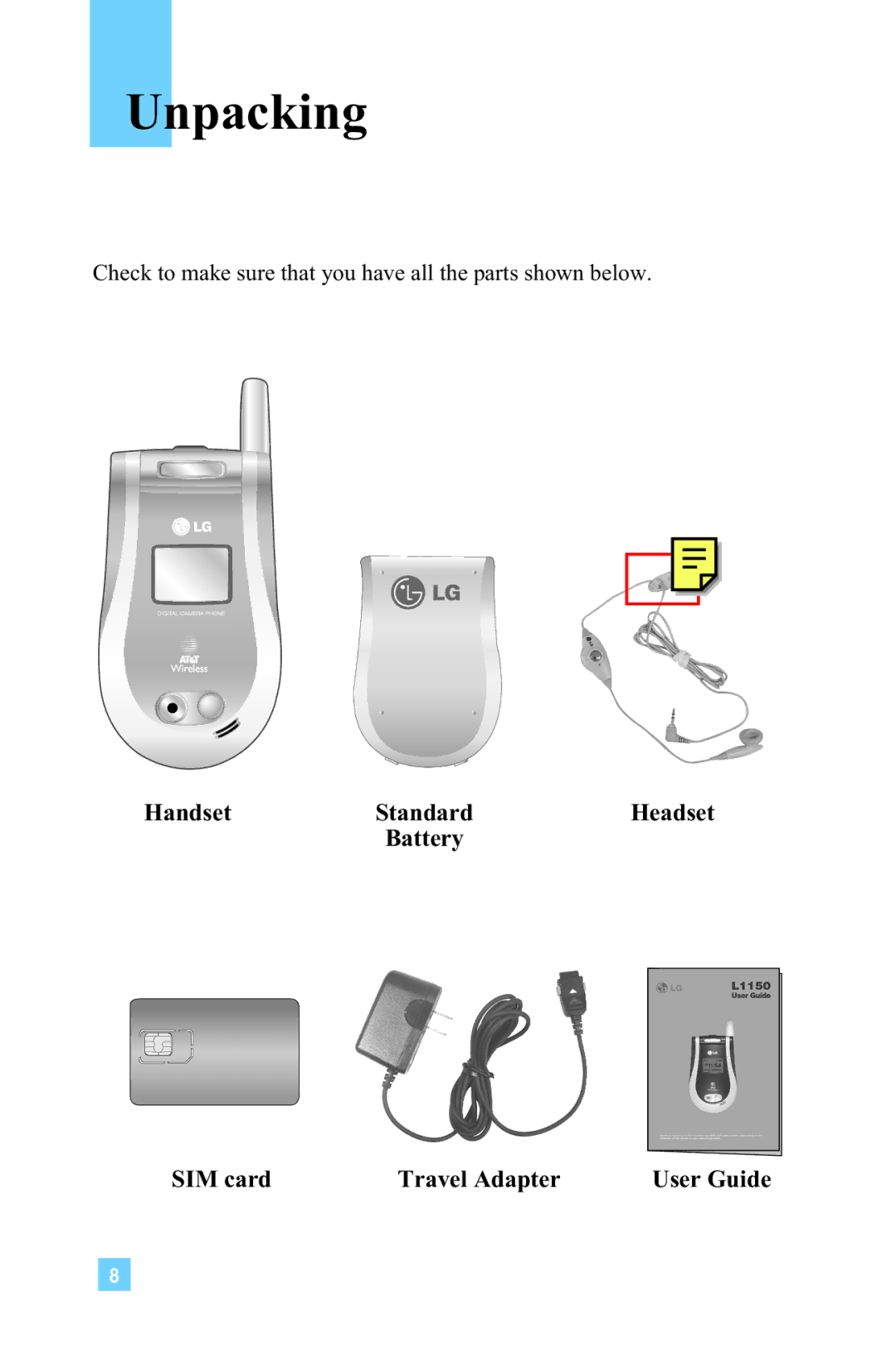 LG Electronics L1150 manual Unpacking, Handset, Headset, SIM card Travel Adapter 