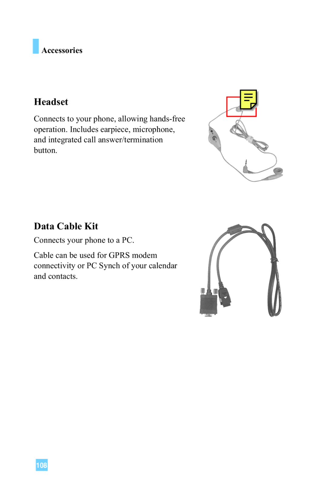 LG Electronics L1150 manual Headset, Data Cable Kit, Accessories 