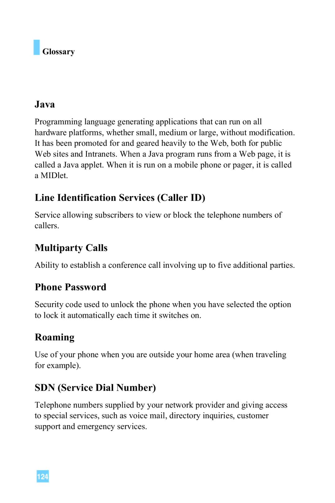 LG Electronics L1150 manual Java, Line Identification Services Caller ID, Multiparty Calls, Phone Password, Roaming 