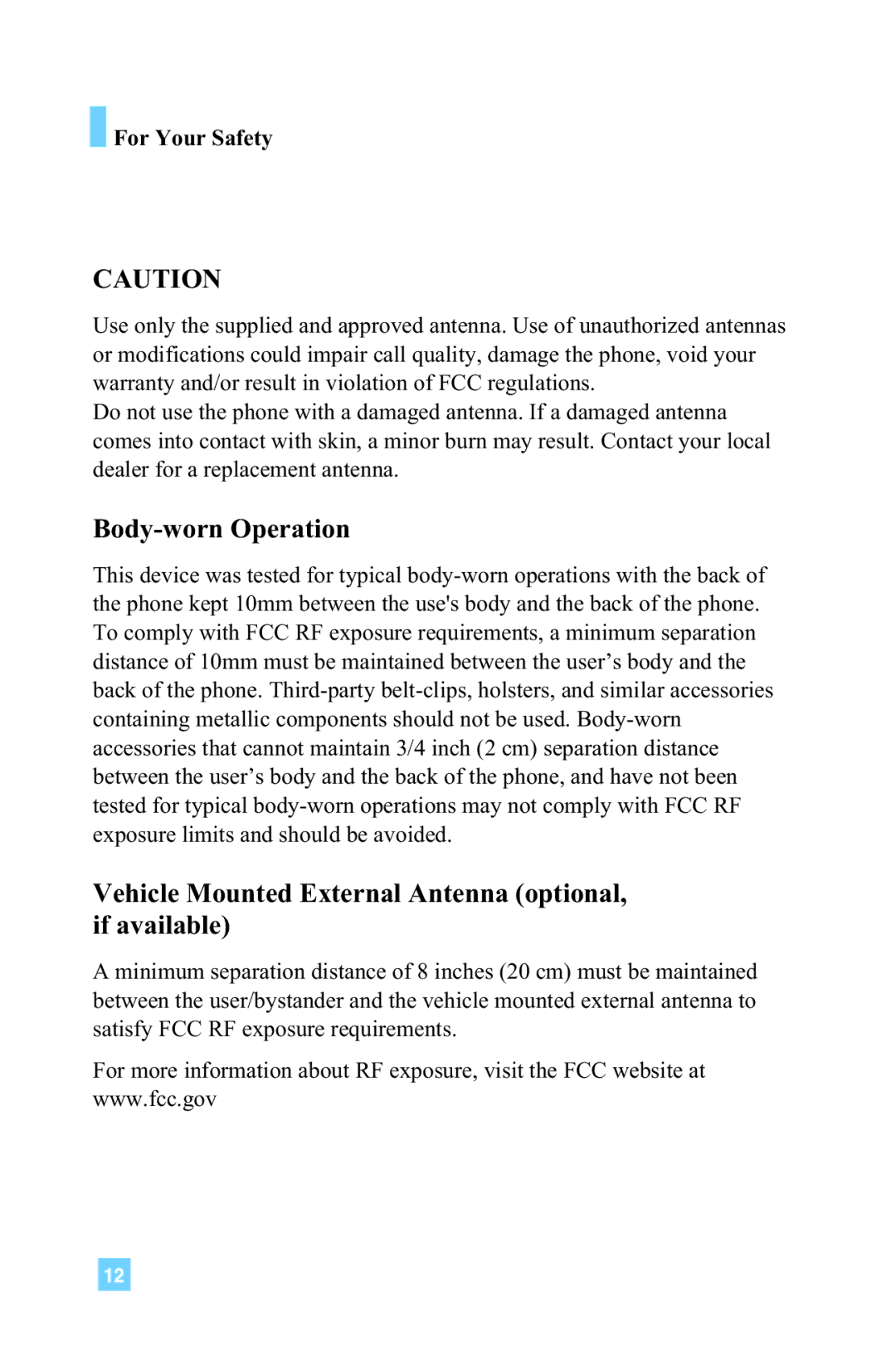 LG Electronics L1150 manual Body-worn Operation, Vehicle Mounted External Antenna optional, if available 