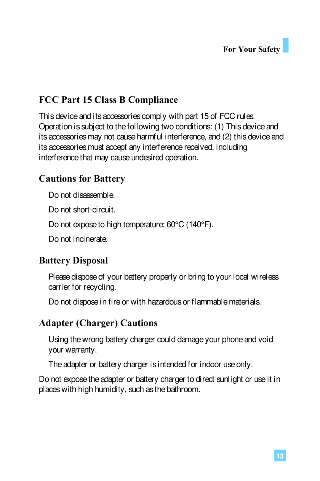 LG Electronics L1150 manual FCC Part 15 Class B Compliance, Battery Disposal, Adapter Charger Cautions 