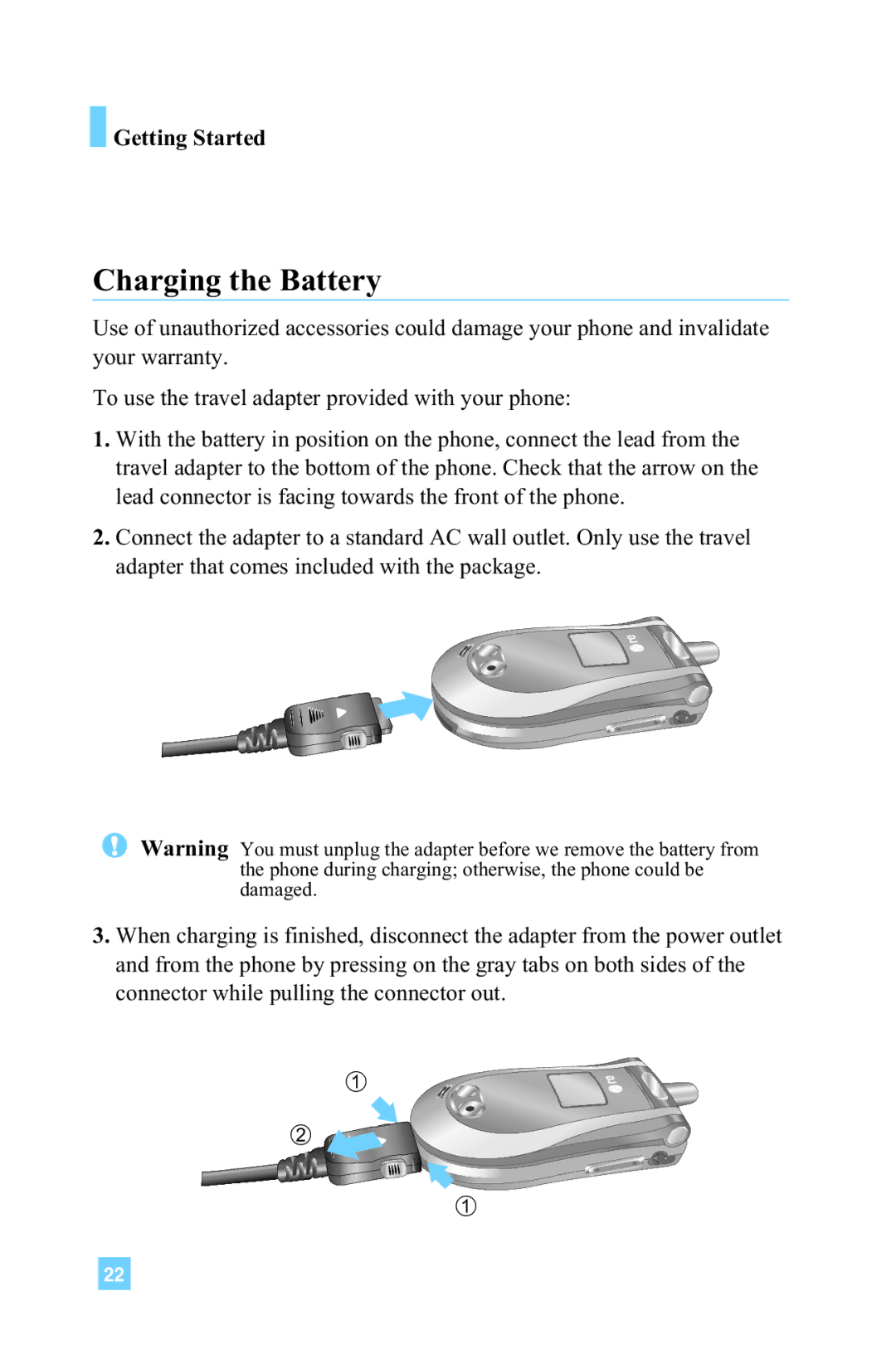 LG Electronics L1150 manual Charging the Battery 