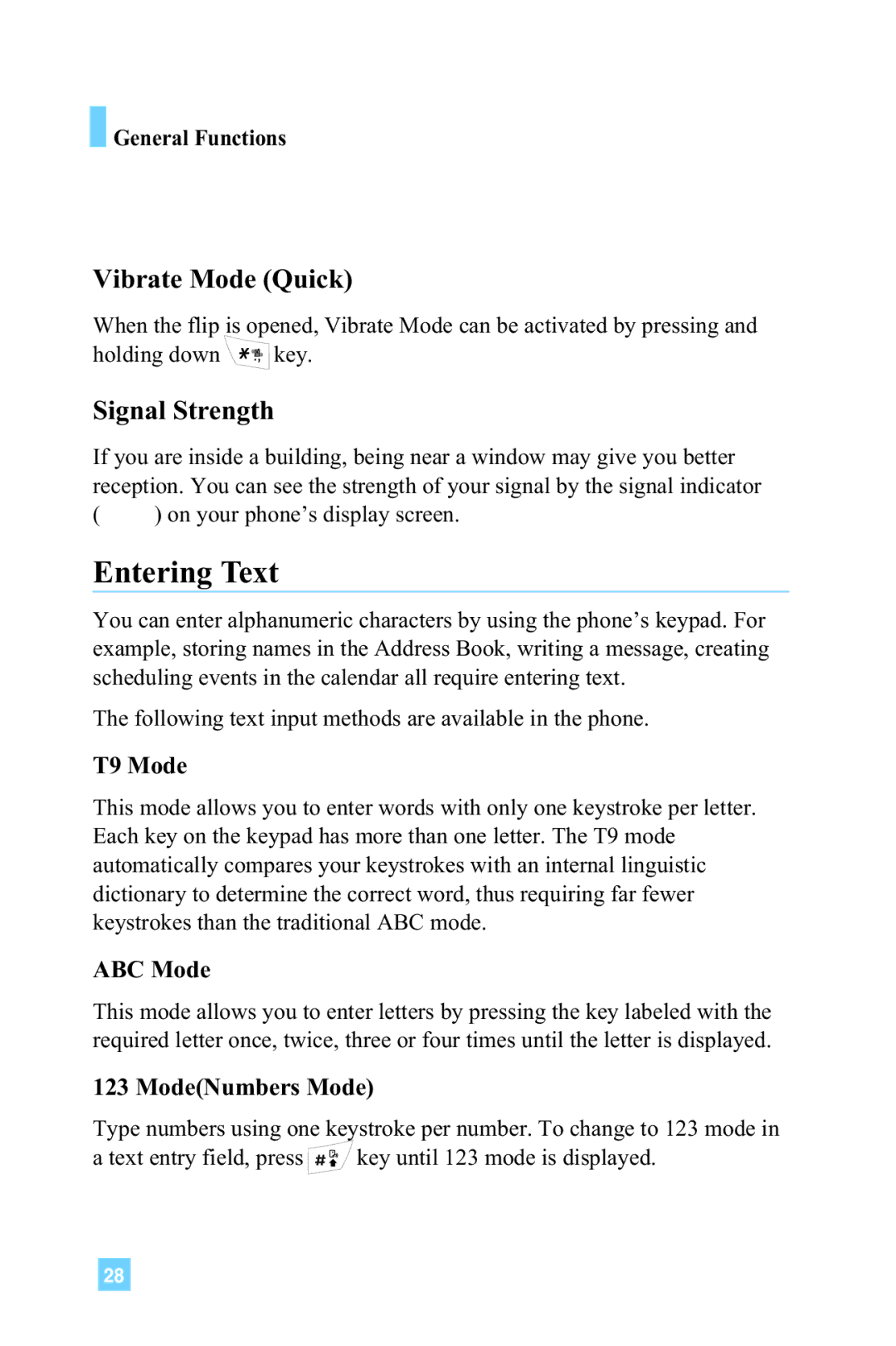 LG Electronics L1150 manual Entering Text, Vibrate Mode Quick, Signal Strength 