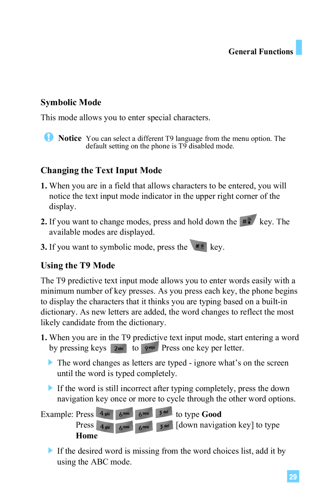 LG Electronics L1150 manual General Functions Symbolic Mode, Changing the Text Input Mode, Using the T9 Mode, Home 