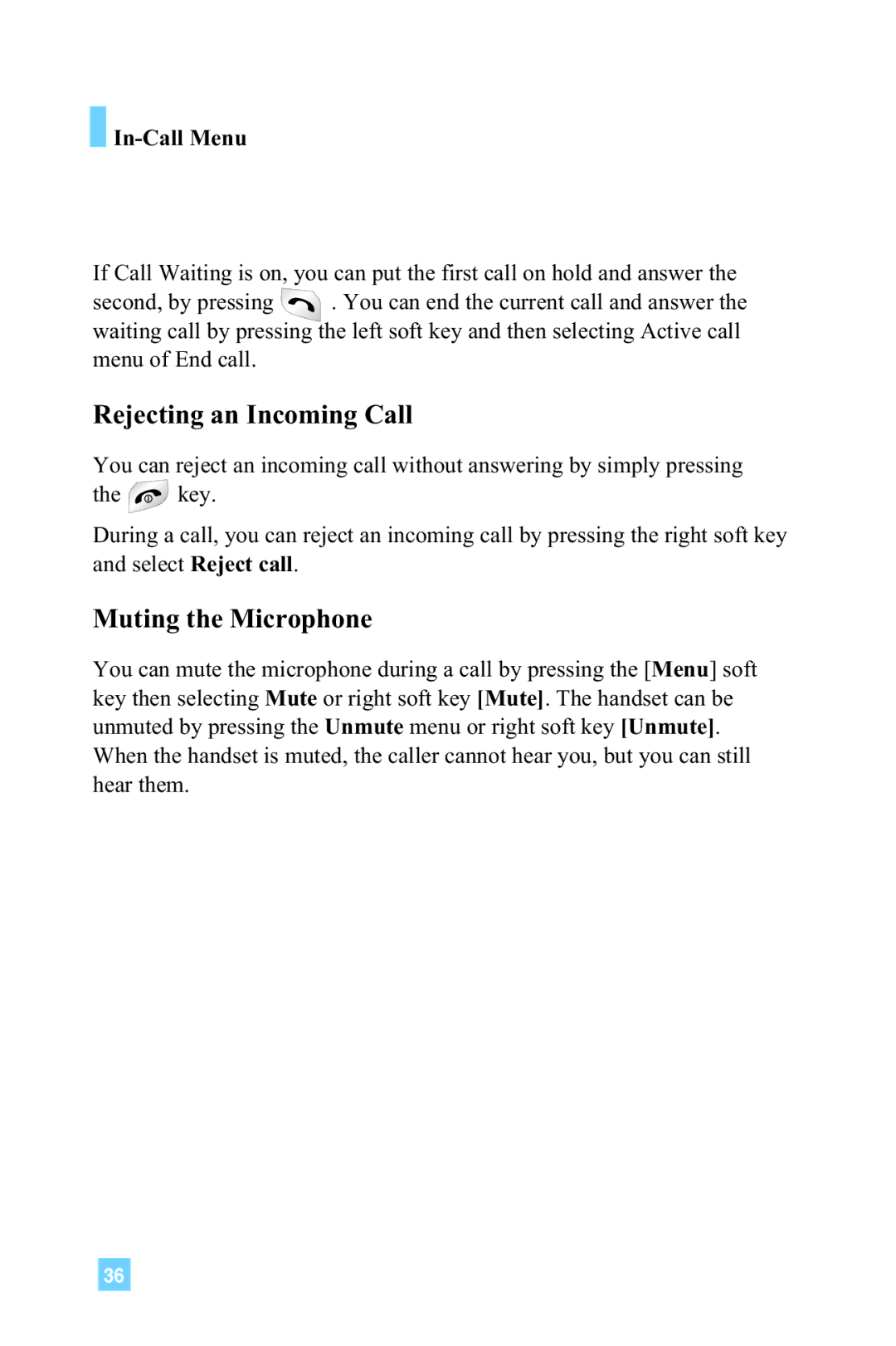 LG Electronics L1150 manual Rejecting an Incoming Call, Muting the Microphone, In-Call Menu 