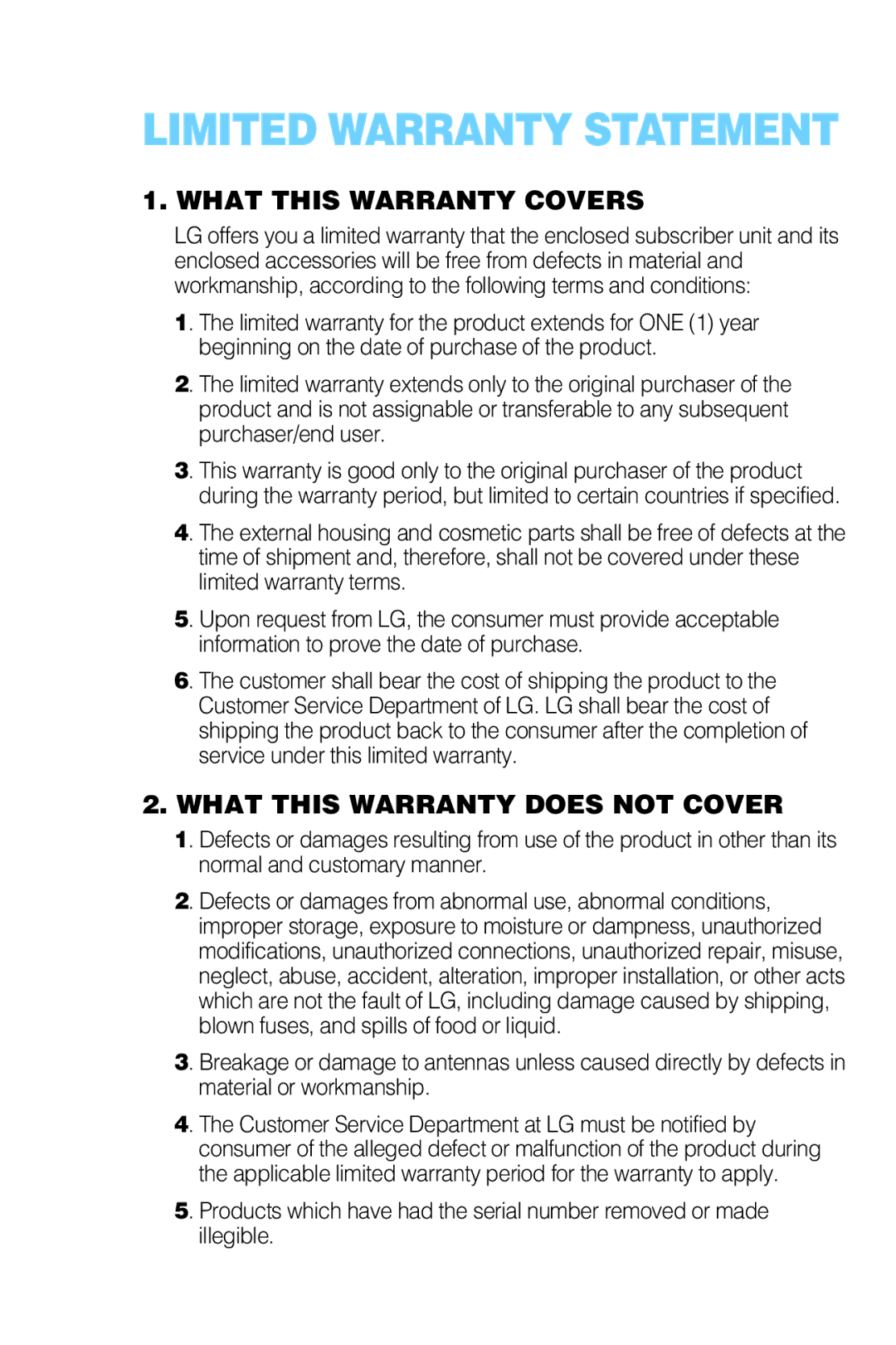 LG Electronics L1150 manual Limited Warranty Statement 