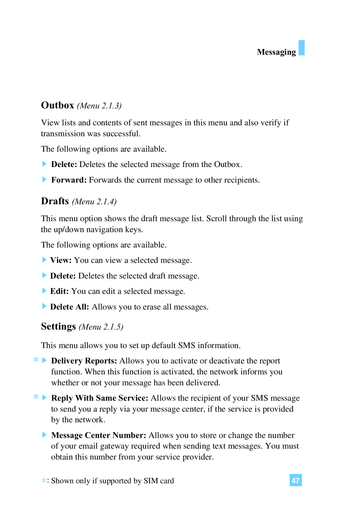 LG Electronics L1150 manual Outbox Menu, Drafts Menu, Settings Menu 