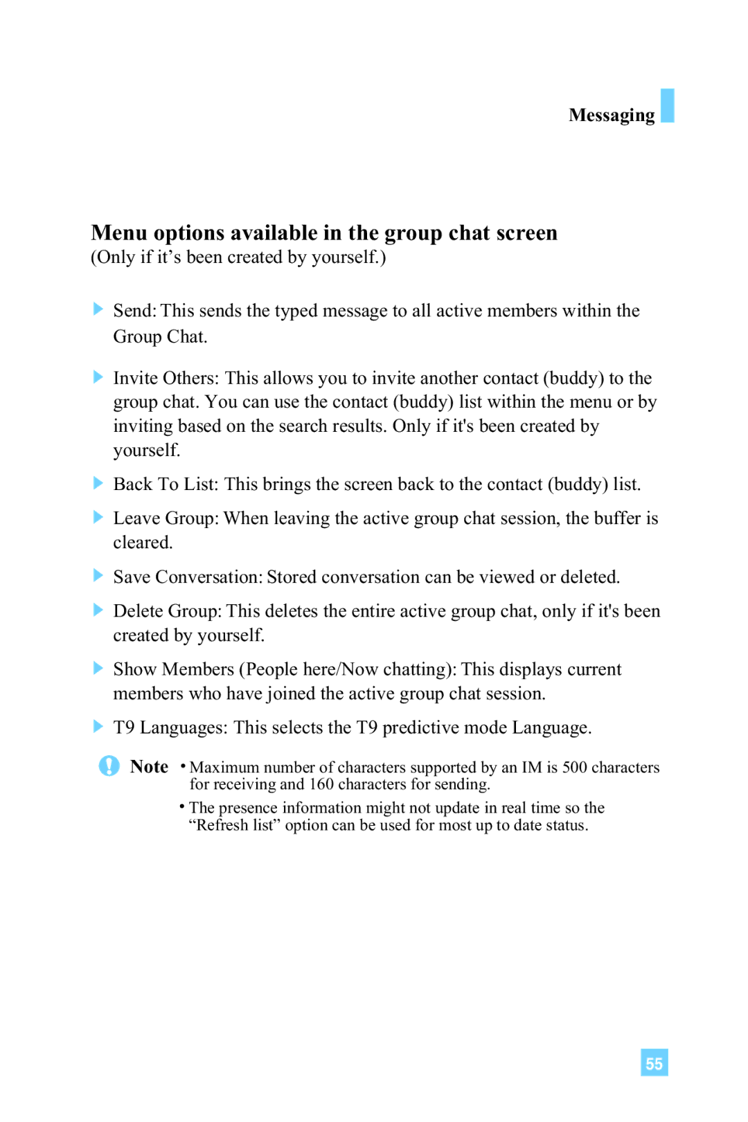 LG Electronics L1150 manual Menu options available in the group chat screen 