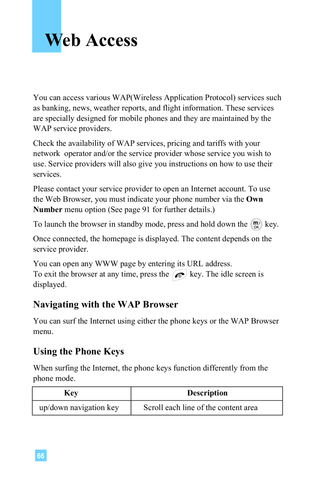 LG Electronics L1150 manual Web Access, Navigating with the WAP Browser, Using the Phone Keys 