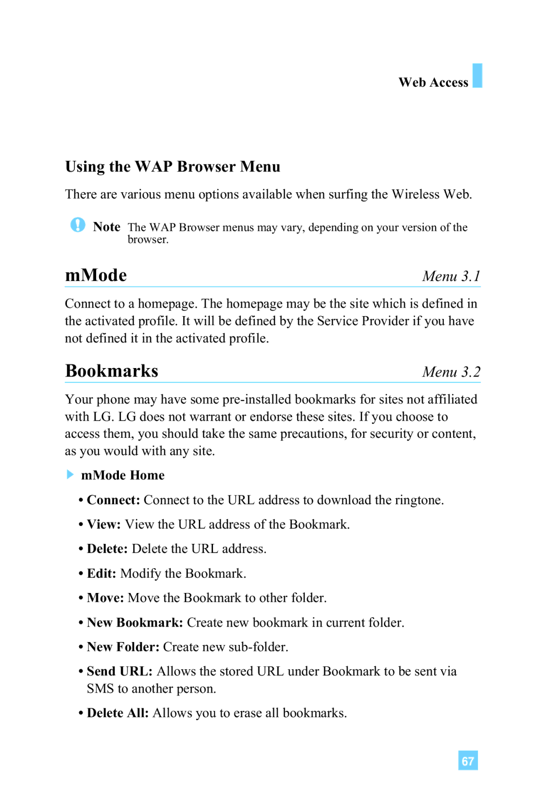 LG Electronics L1150 manual Bookmarks, Using the WAP Browser Menu, Web Access, MMode Home 