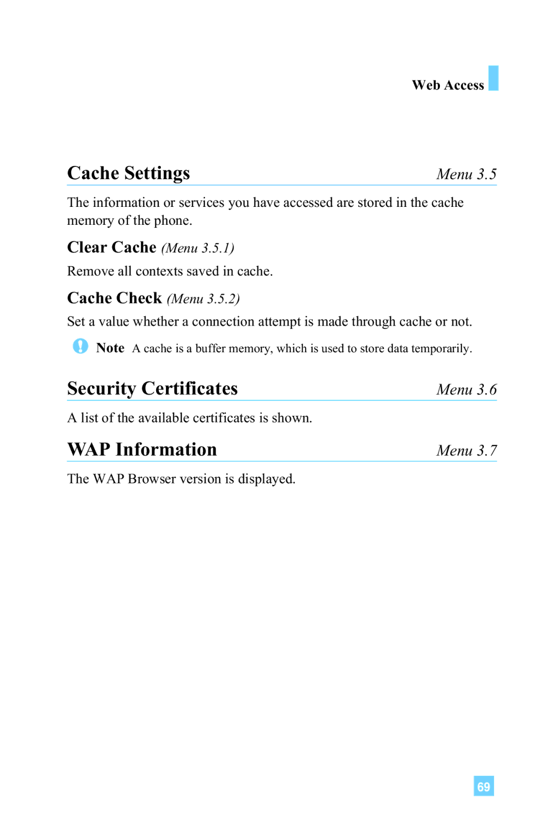 LG Electronics L1150 manual Cache Settings, Security Certificates, WAP Information, Clear Cache Menu, Cache Check Menu 