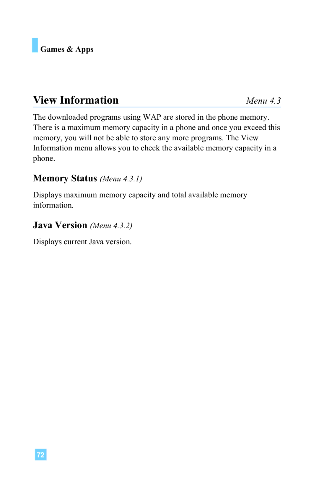 LG Electronics L1150 manual View Information, Memory Status Menu, Java Version Menu 