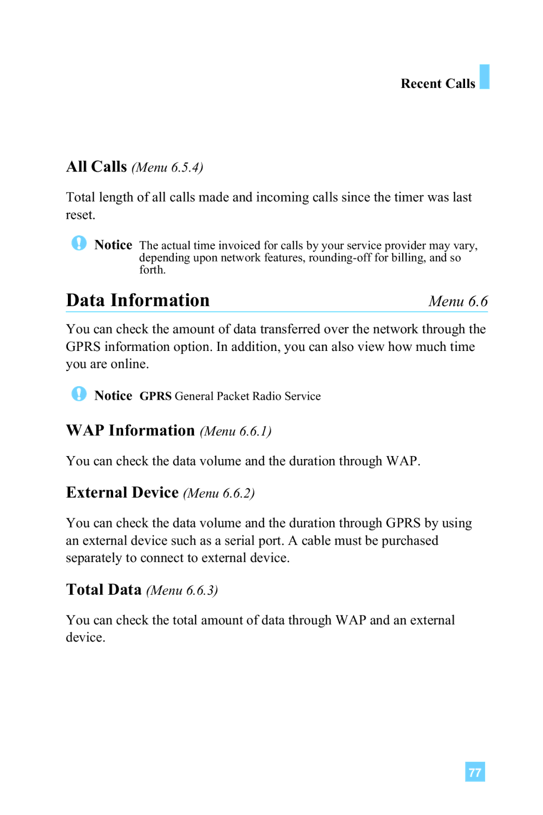 LG Electronics L1150 manual Data Information, WAP Information Menu, External Device Menu, All Calls Menu, Total Data Menu 