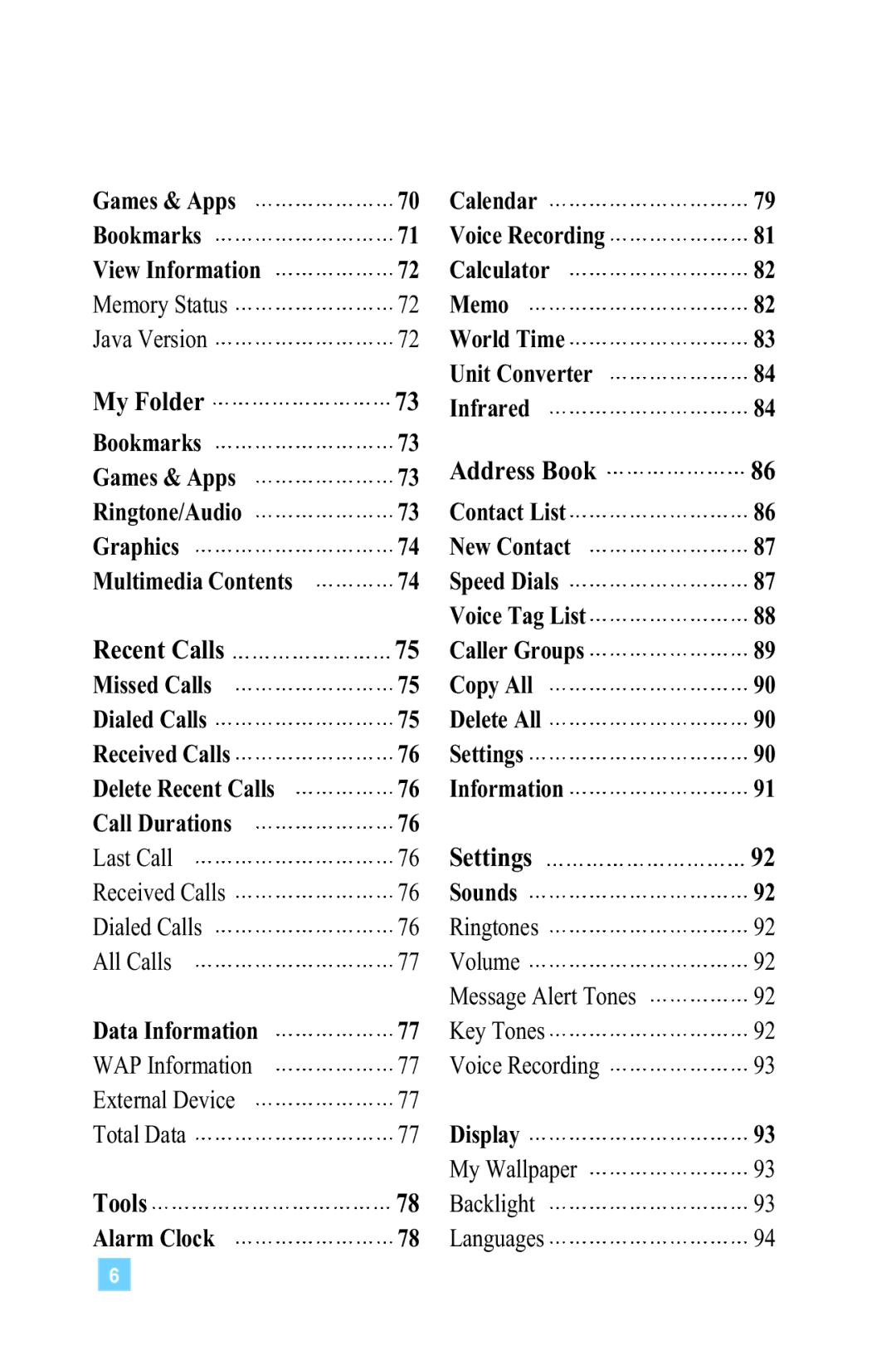 LG Electronics L1150 manual My Folder, Recent Calls, Settings, Tools 