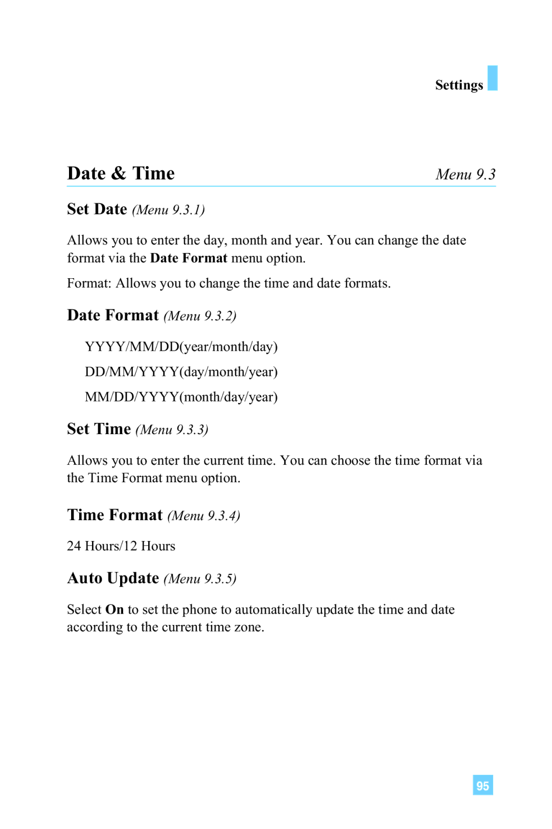 LG Electronics L1150 manual Date & Time, Date Format Menu, Time Format Menu, Auto Update Menu 