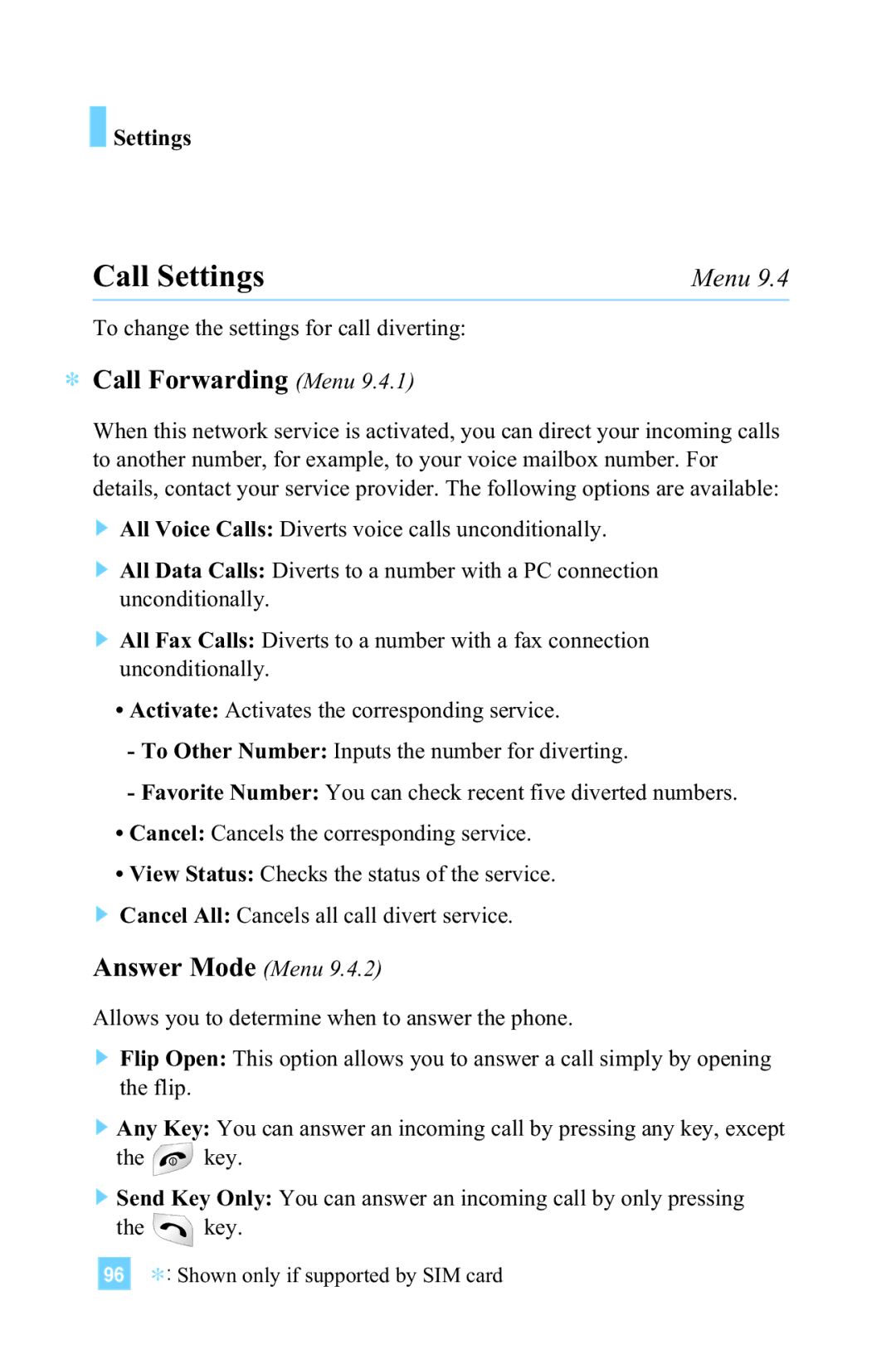 LG Electronics L1150 manual Call Settings, Call Forwarding Menu, Answer Mode Menu 