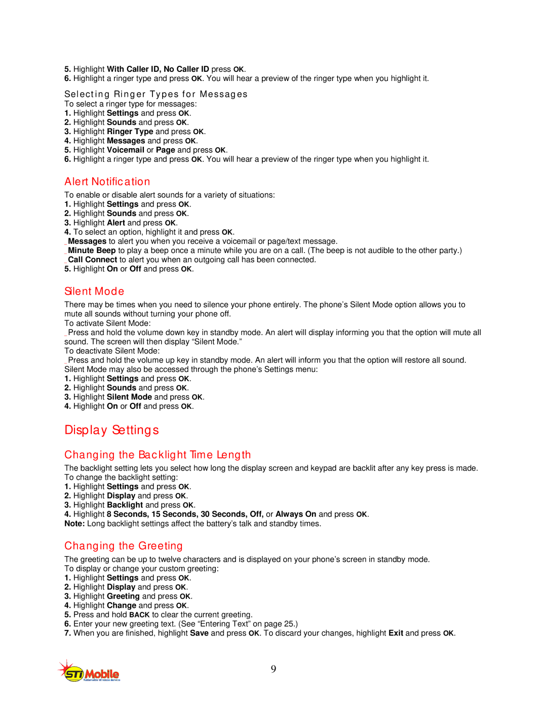 LG Electronics L1200 manual Display Settings, Alert Notification, Silent Mode, Changing the Backlight Time Length 