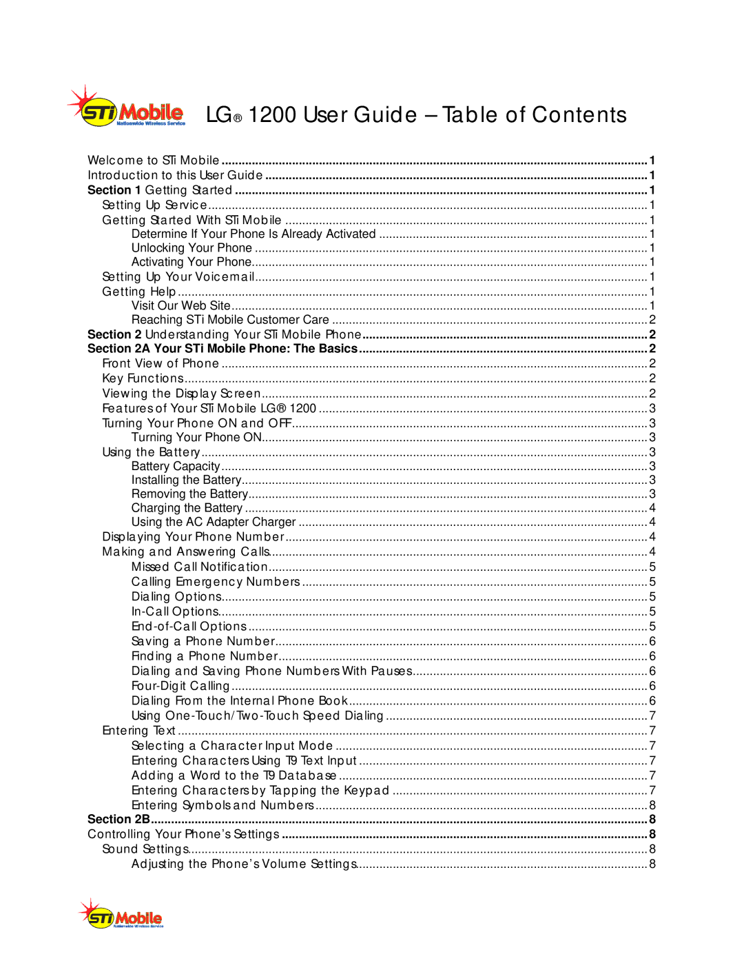 LG Electronics L1200 manual LG 1200 User Guide Table of Contents 