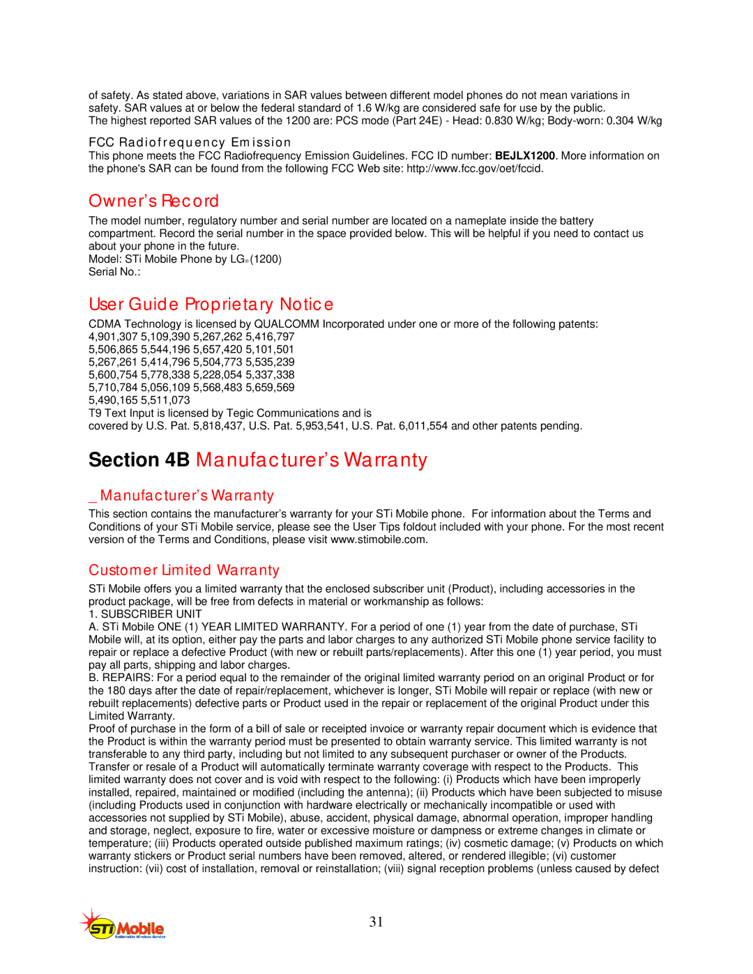 LG Electronics L1200 Manufacturer’s Warranty, Owner’s Record, User Guide Proprietary Notice, FCC Radiofrequency Emission 