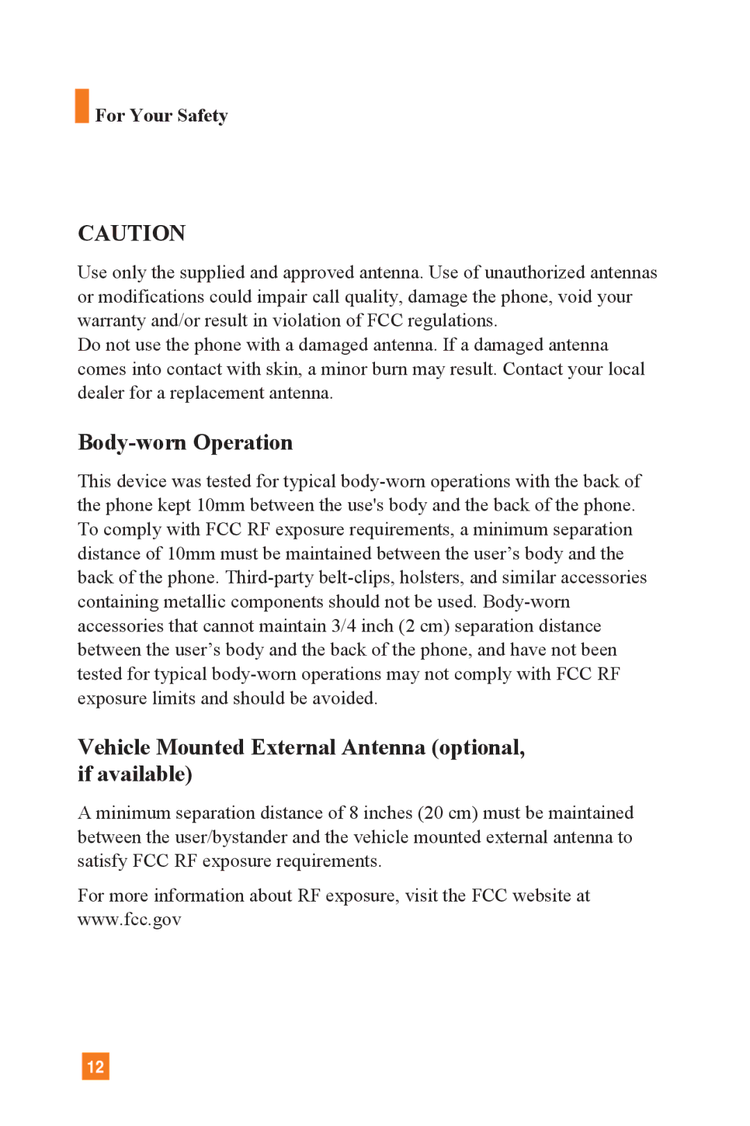 LG Electronics L1400 manual Body-worn Operation, Vehicle Mounted External Antenna optional, if available 