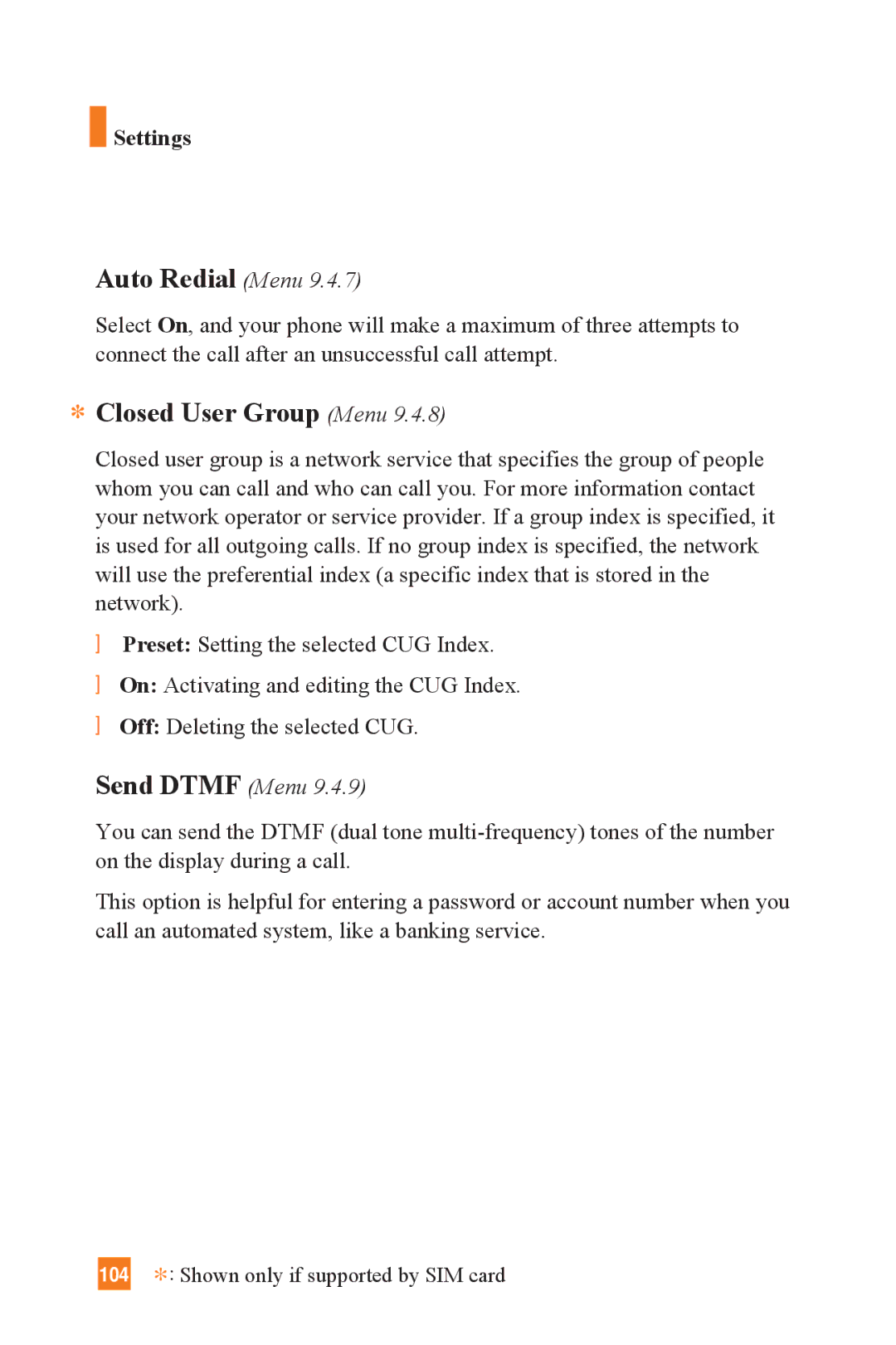 LG Electronics L1400 manual Auto Redial Menu, Closed User Group Menu, Send Dtmf Menu 