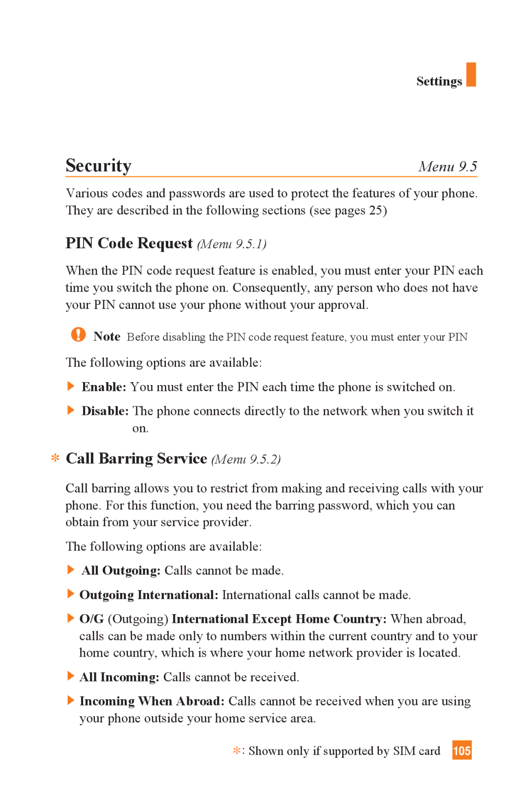 LG Electronics L1400 manual Security, PIN Code Request Menu, Call Barring Service Menu 