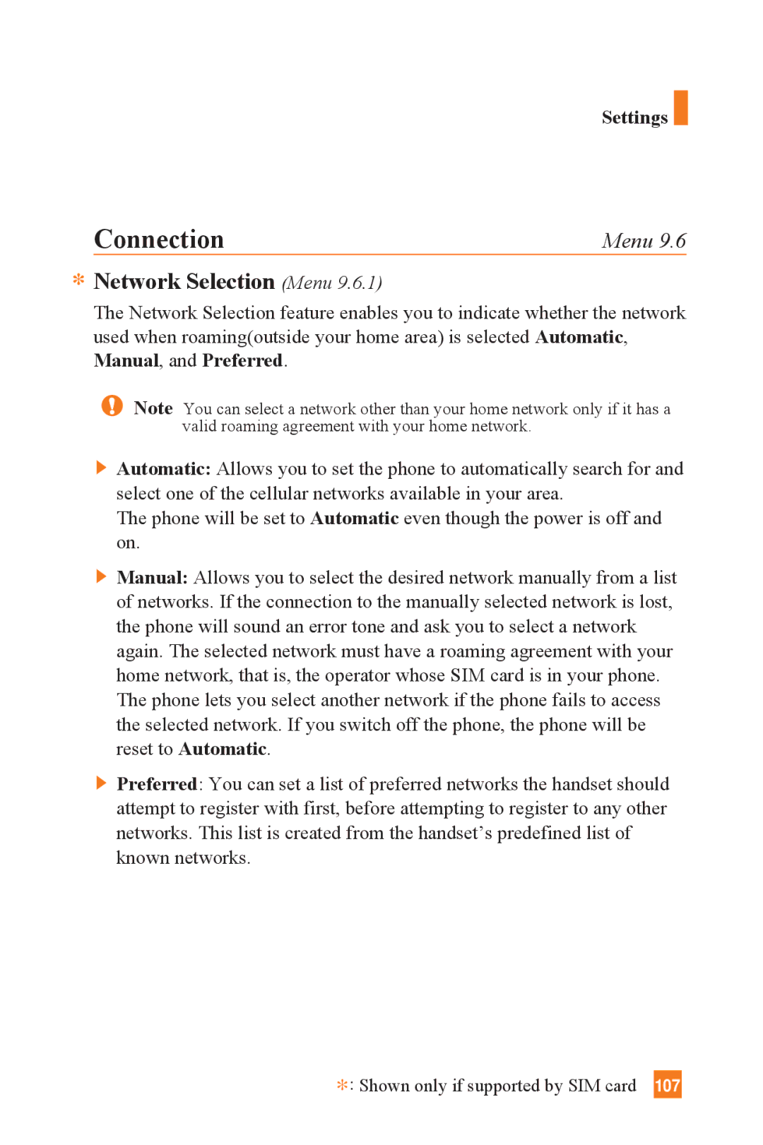 LG Electronics L1400 manual Connection, Network Selection Menu 