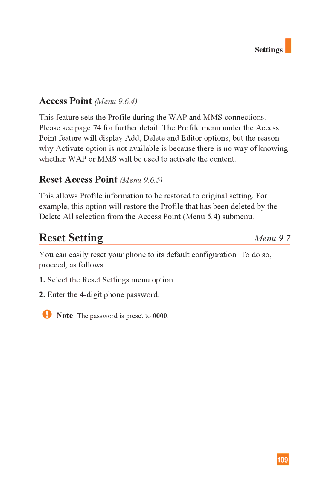 LG Electronics L1400 manual Reset Setting, Reset Access Point Menu 