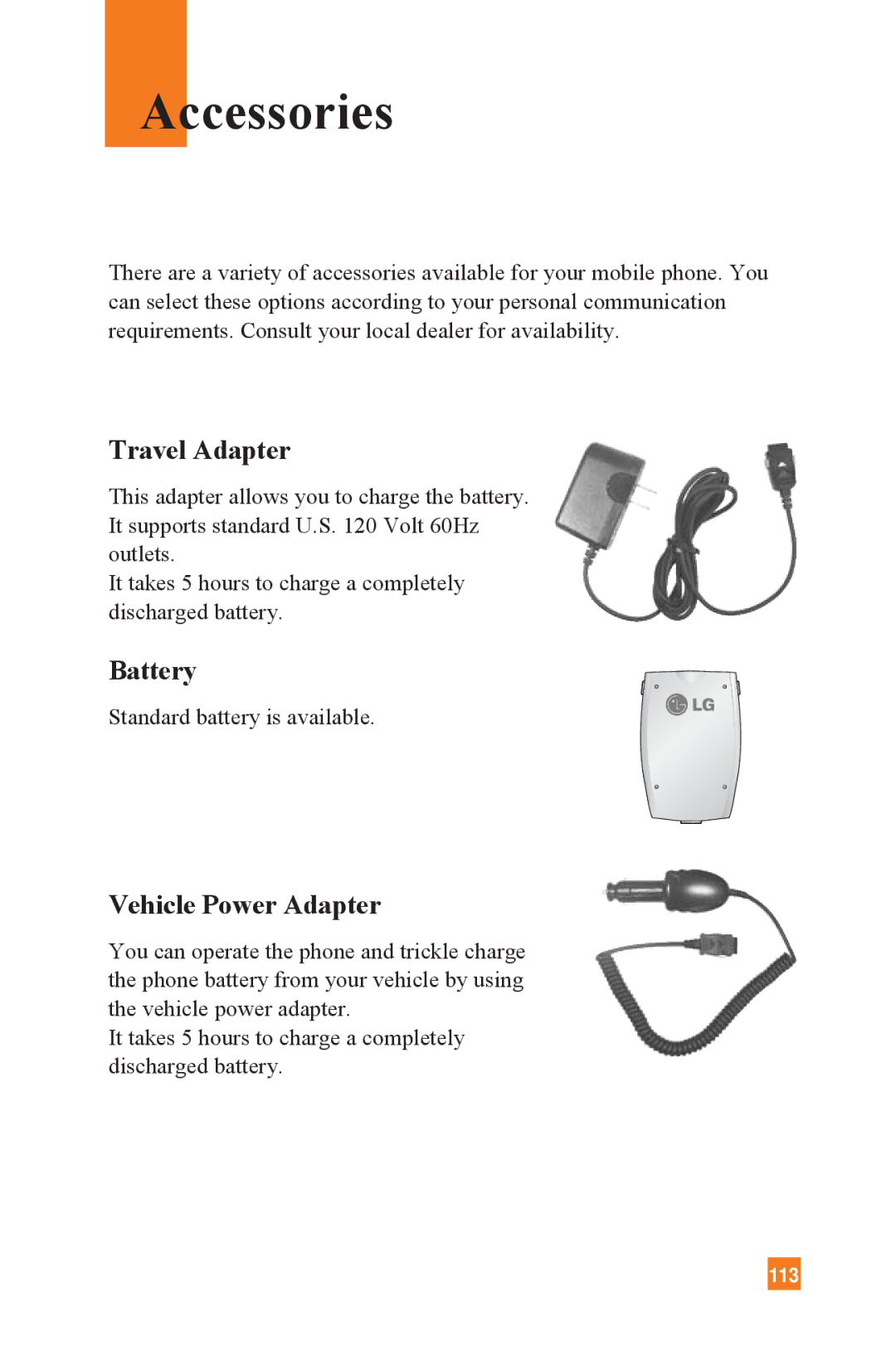 LG Electronics L1400 manual Accessories, Travel Adapter, Battery, Vehicle Power Adapter 