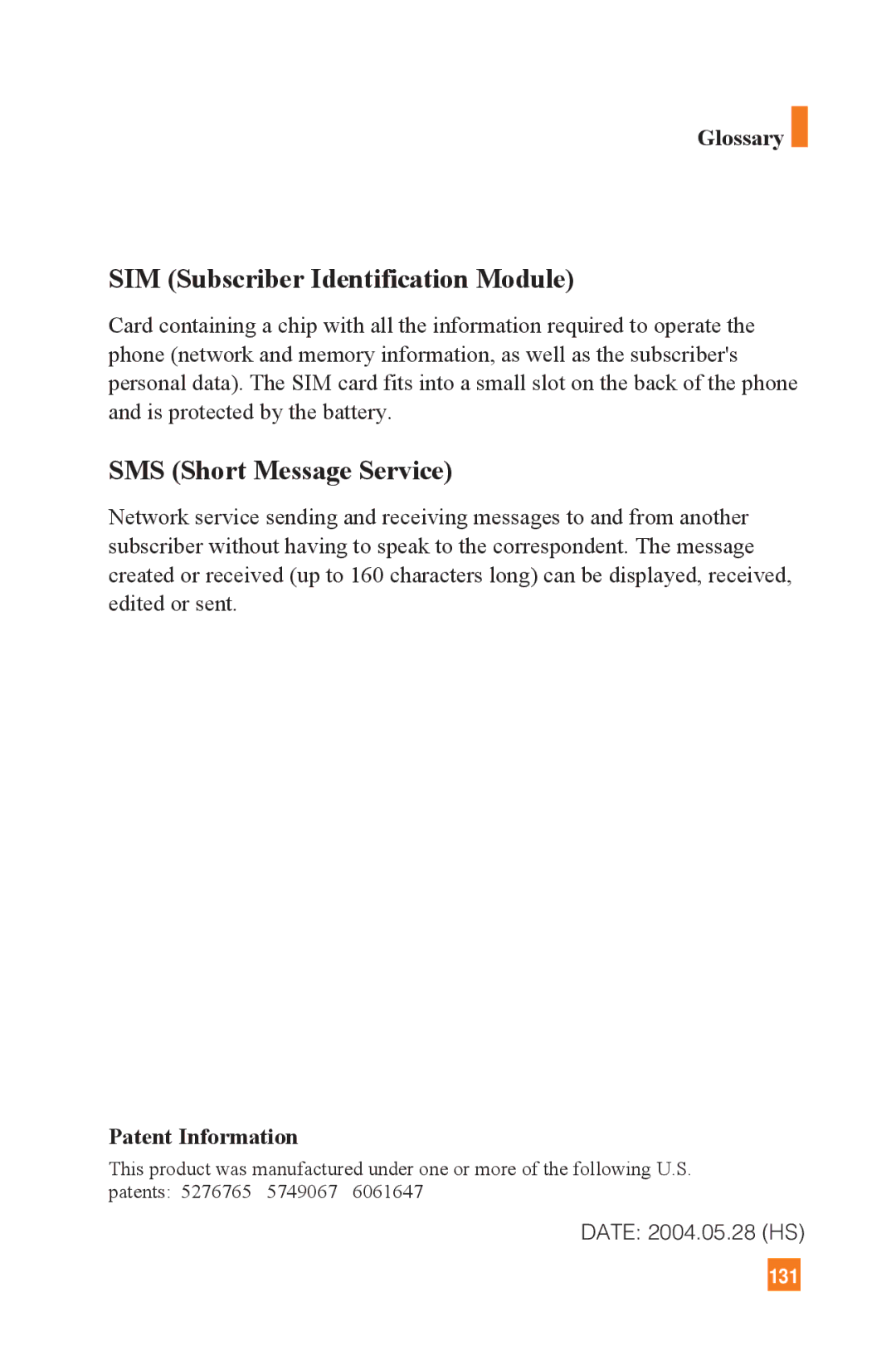 LG Electronics L1400 manual SIM Subscriber Identification Module, SMS Short Message Service, Patent Information 