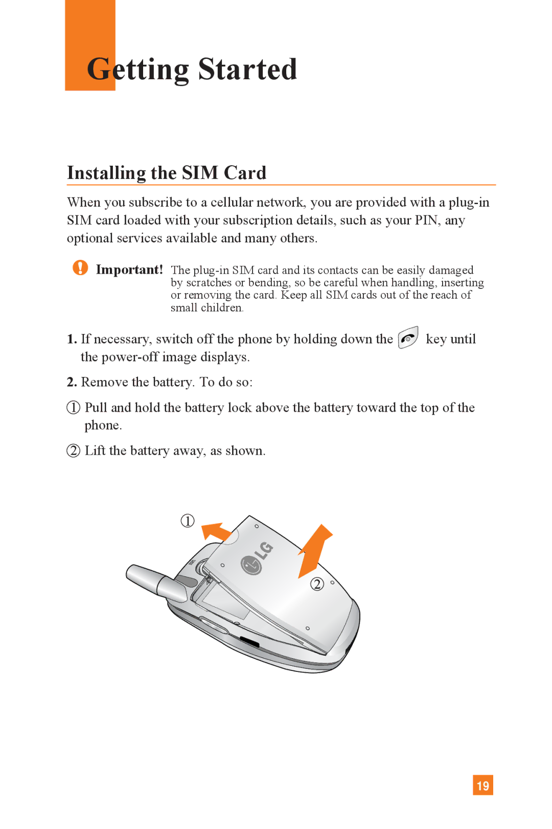 LG Electronics L1400 manual Getting Started, Installing the SIM Card 