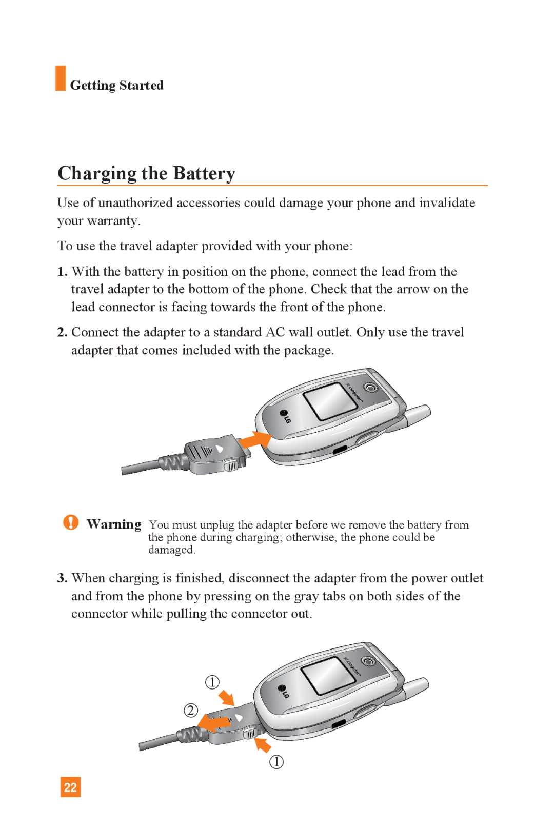 LG Electronics L1400 manual Charging the Battery 