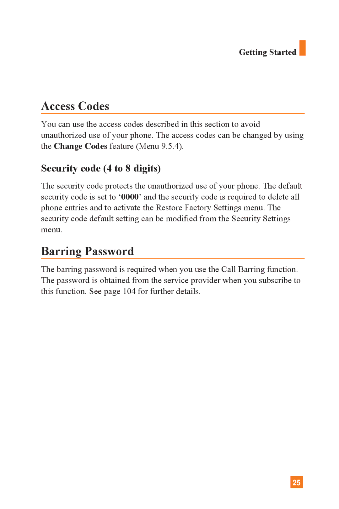 LG Electronics L1400 manual Access Codes, Barring Password, Security code 4 to 8 digits 